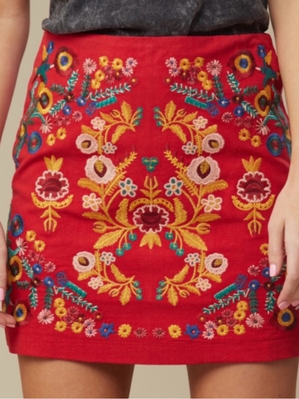 Altar'd State Mila Red Mini Skirt with Multicolor Floral Embroidery Size Large